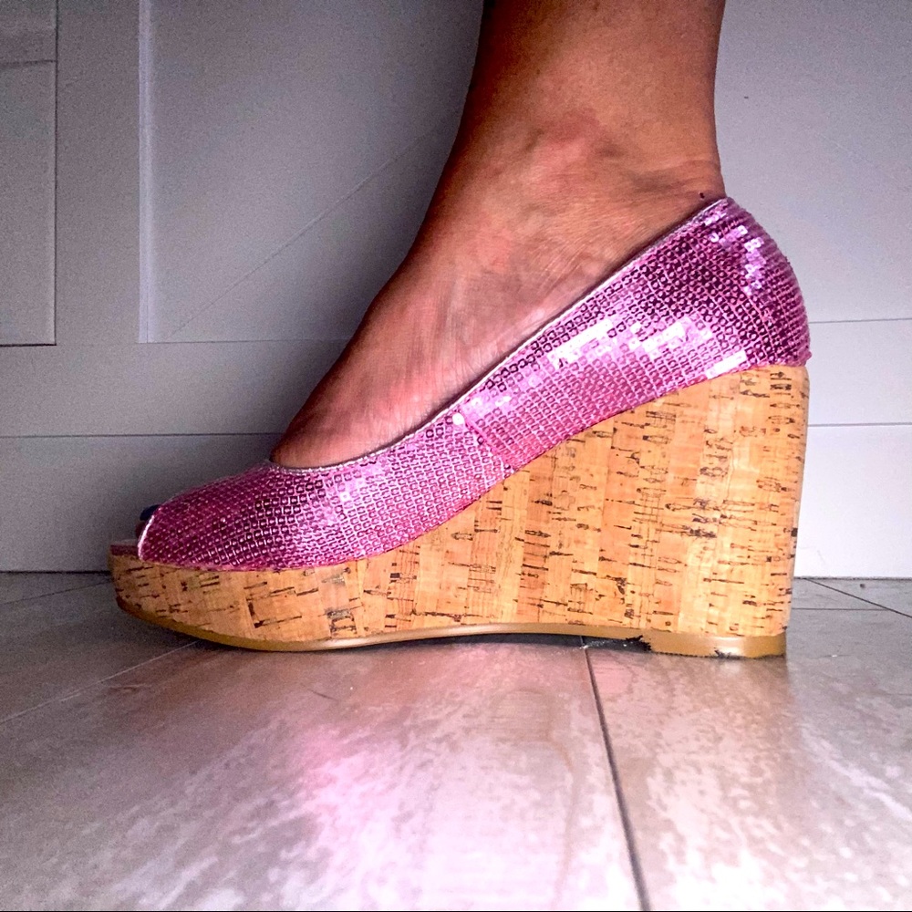 Pink Sequin Cork Wedge Platform 7M Romantic Soles